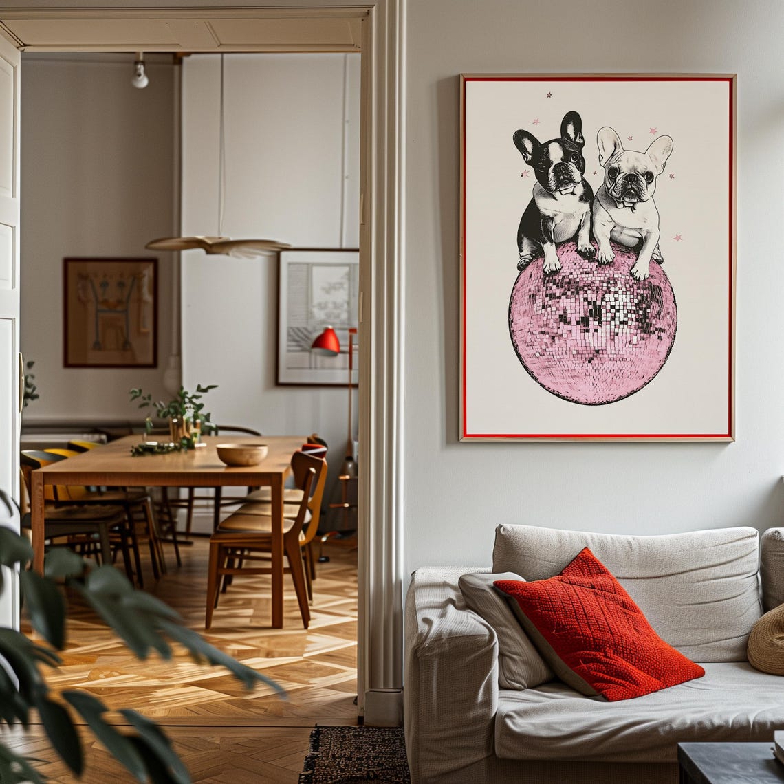 French Bulldog Pair Perched on a Pink Disco Ball Starry Night Poster - Image 3