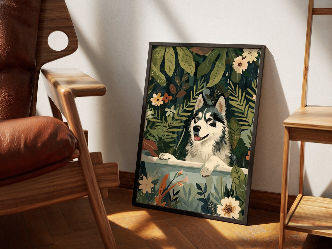 Alaskan Malamute Dog in a Jungle Bathtub With Tropical Florals Poster - Image 2