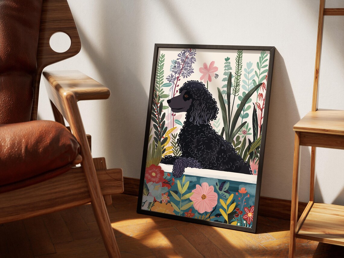 Black Standard Poodle Boho Jungle Botanical Poster - Image 3