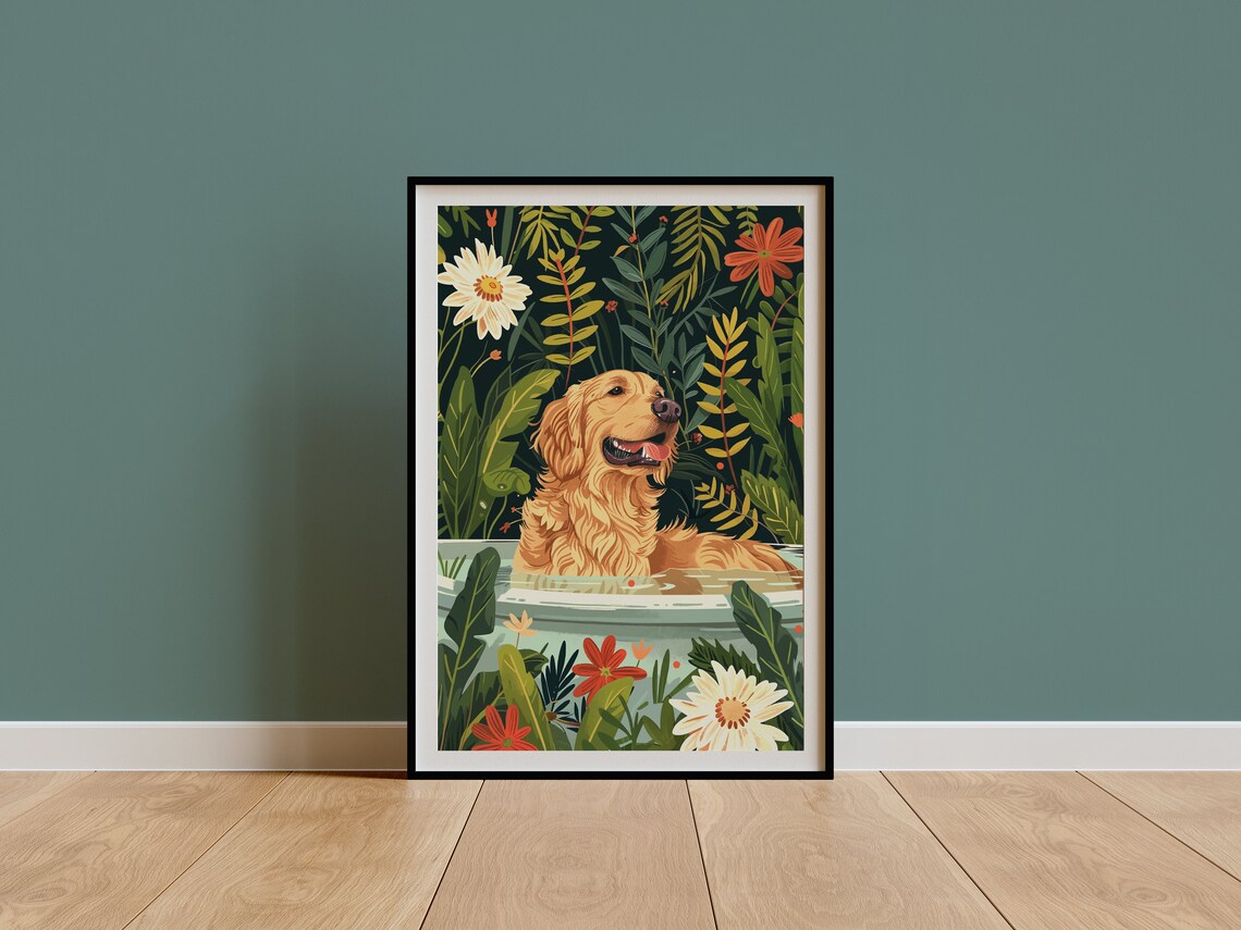 Golden Retriever Botanical Poster, Tropical Boho Decor
