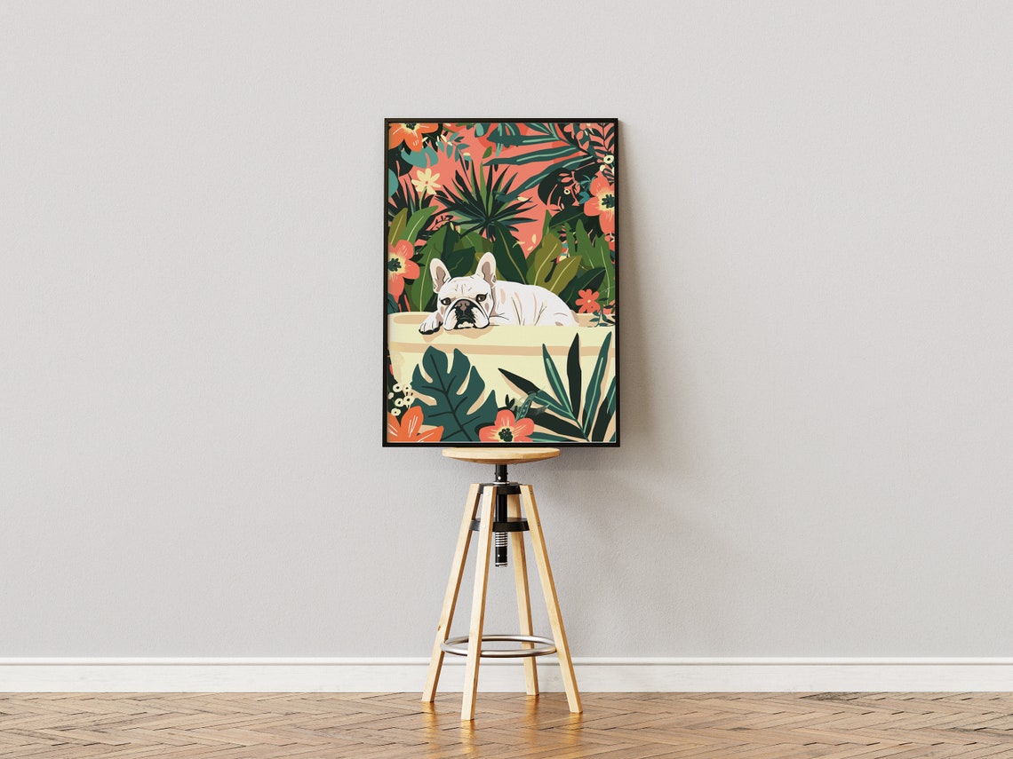 White French Bulldog Lounging in Bath Tropical Floral Art Poster - Image 3