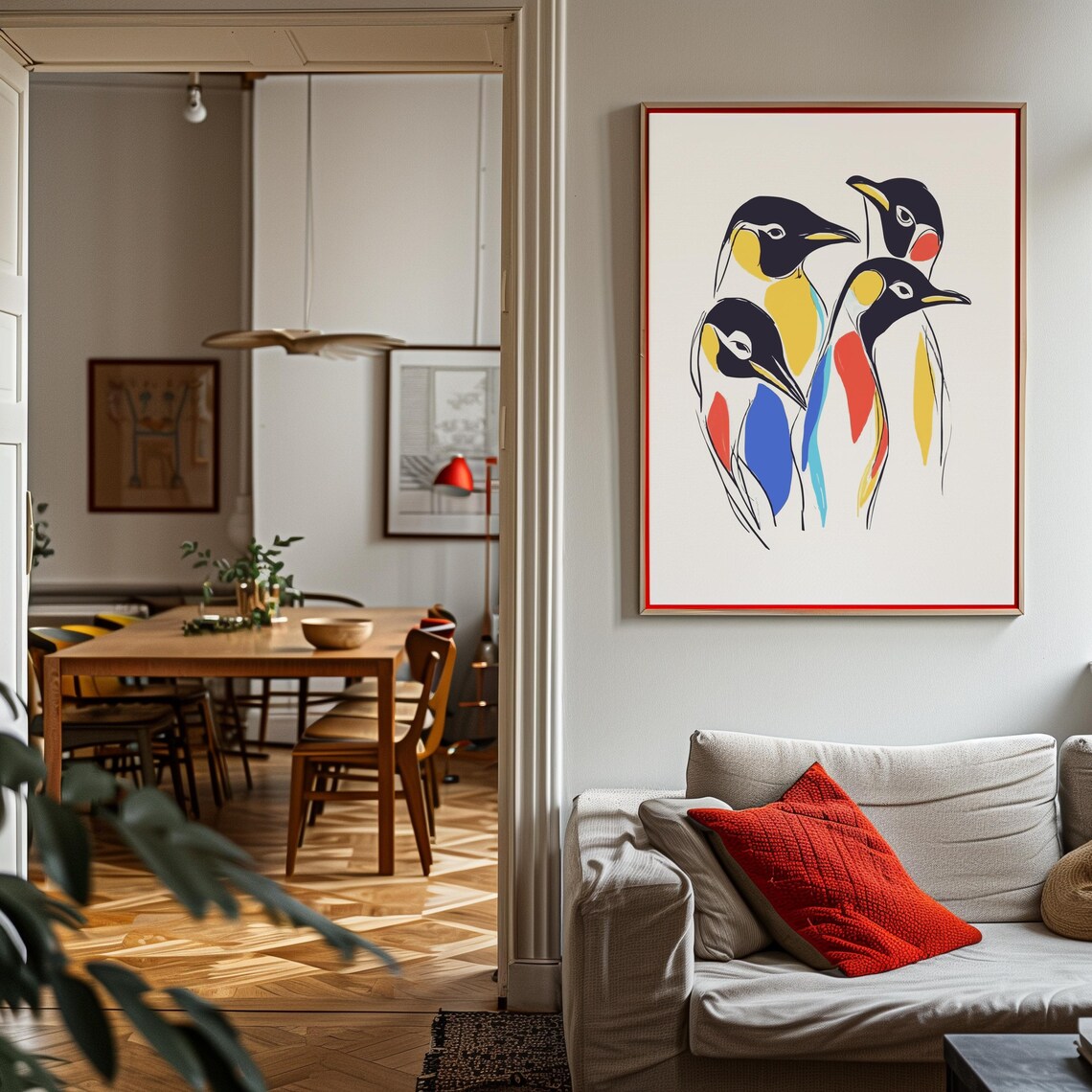 Retro Penguins Wall Art Matisse Bold Line Drawing Unique Abstract Painted Penguins Print Eclectic Modern Decor Maximalist Decor Kitchen - Image 3