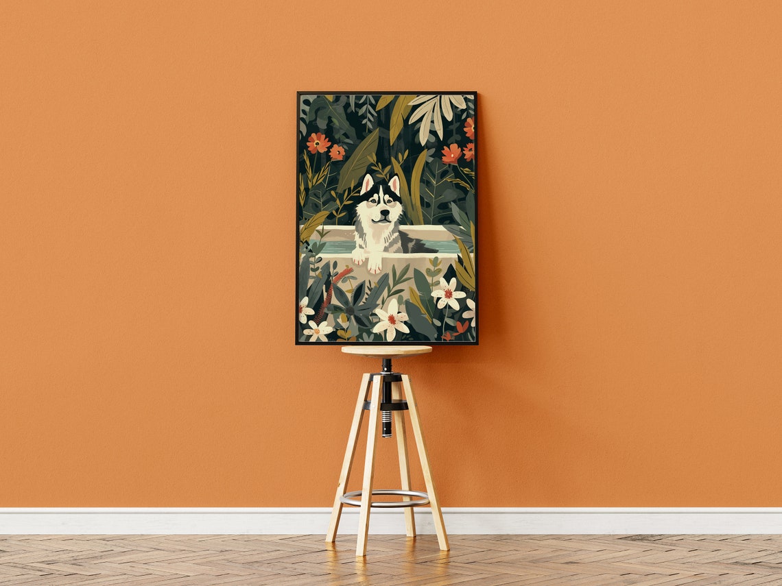 Siberian Husky Floral Bathtub Jungle Botanical Poster Wolf Decor - Image 3