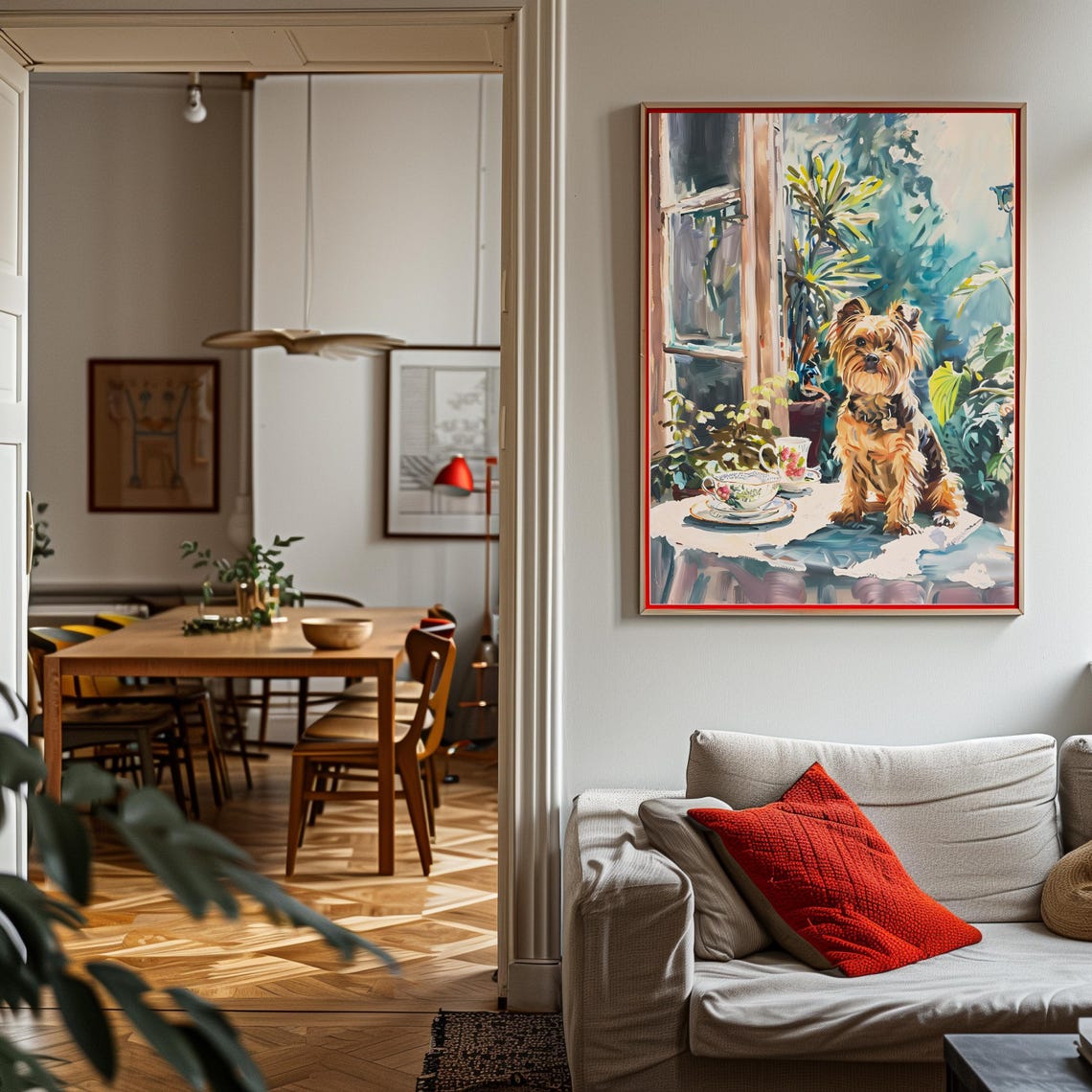 Yorkshire Terrier with Teacups Sunny Window Painting Art Poster - Image 3