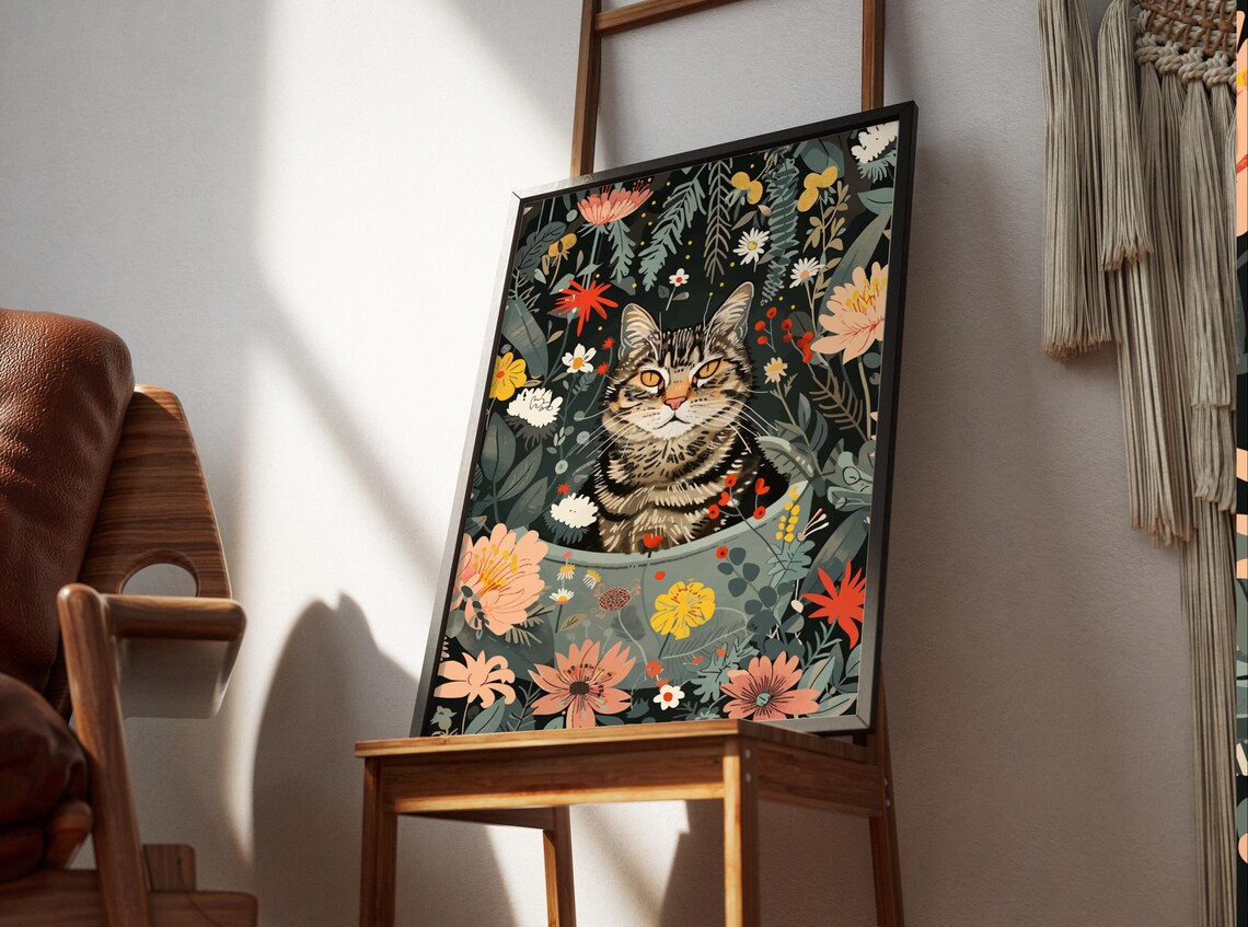 Tabby Cat Jungle Bath Art Print, Boho Decor - Image 2