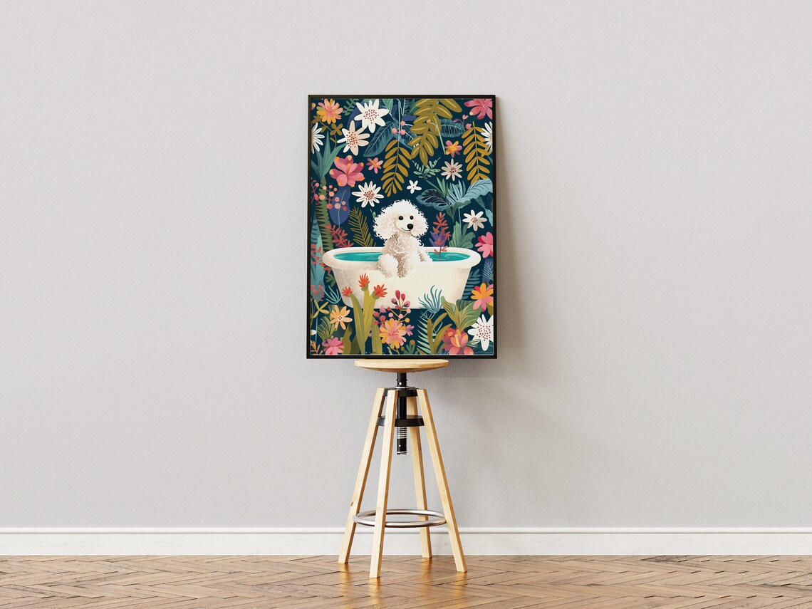 White Poodle Boho Jungle Bathtub Art Print - Image 3