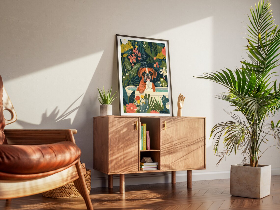 Boxer Dog in Bathtub Tropical Floral Maximalist Whimsical Dog Poster - Image 2