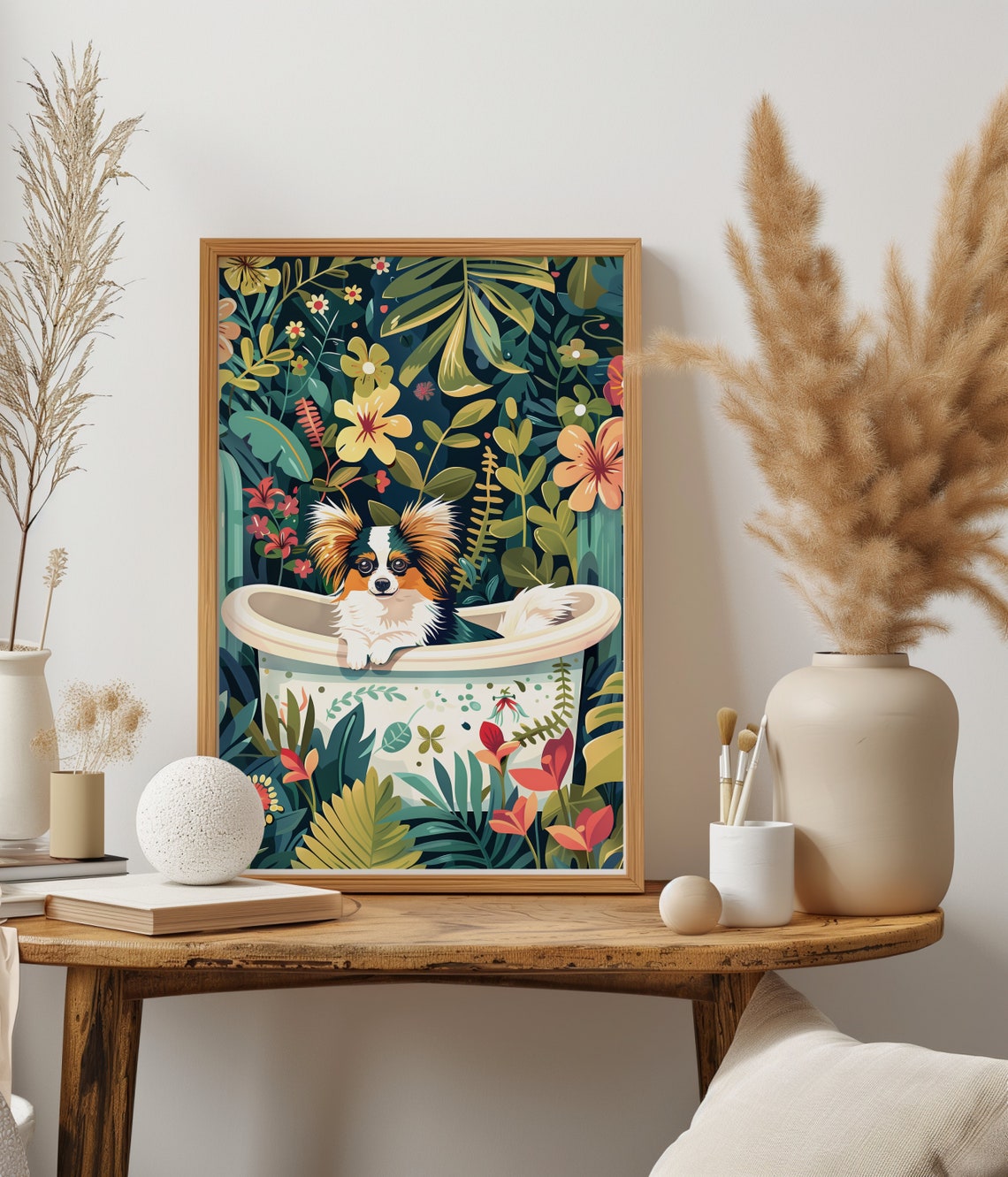 Papillon Dog White Bathtub Tropical Jungle Poster Bathroom Decor - Image 2