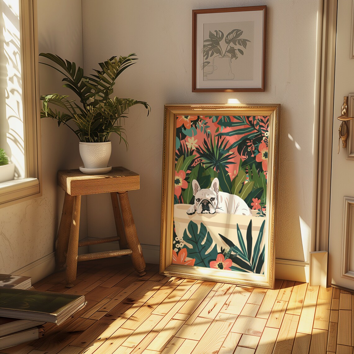 White French Bulldog Lounging in Bath Tropical Floral Art Poster - Image 2