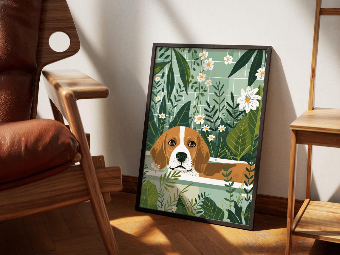Beagle Resting Its Chin on a Botanical Bathtub Edge Wall Poster - Image 3