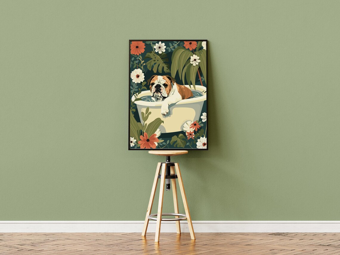 English Bulldog Bathtub Floral Garden Vintage Botanical Dog Poster