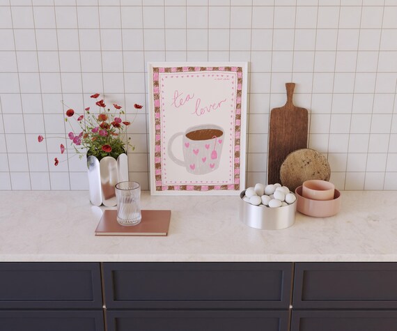 Tea Lover Heart Patterned Cup Hand Drawn Kitchen Poster Decor