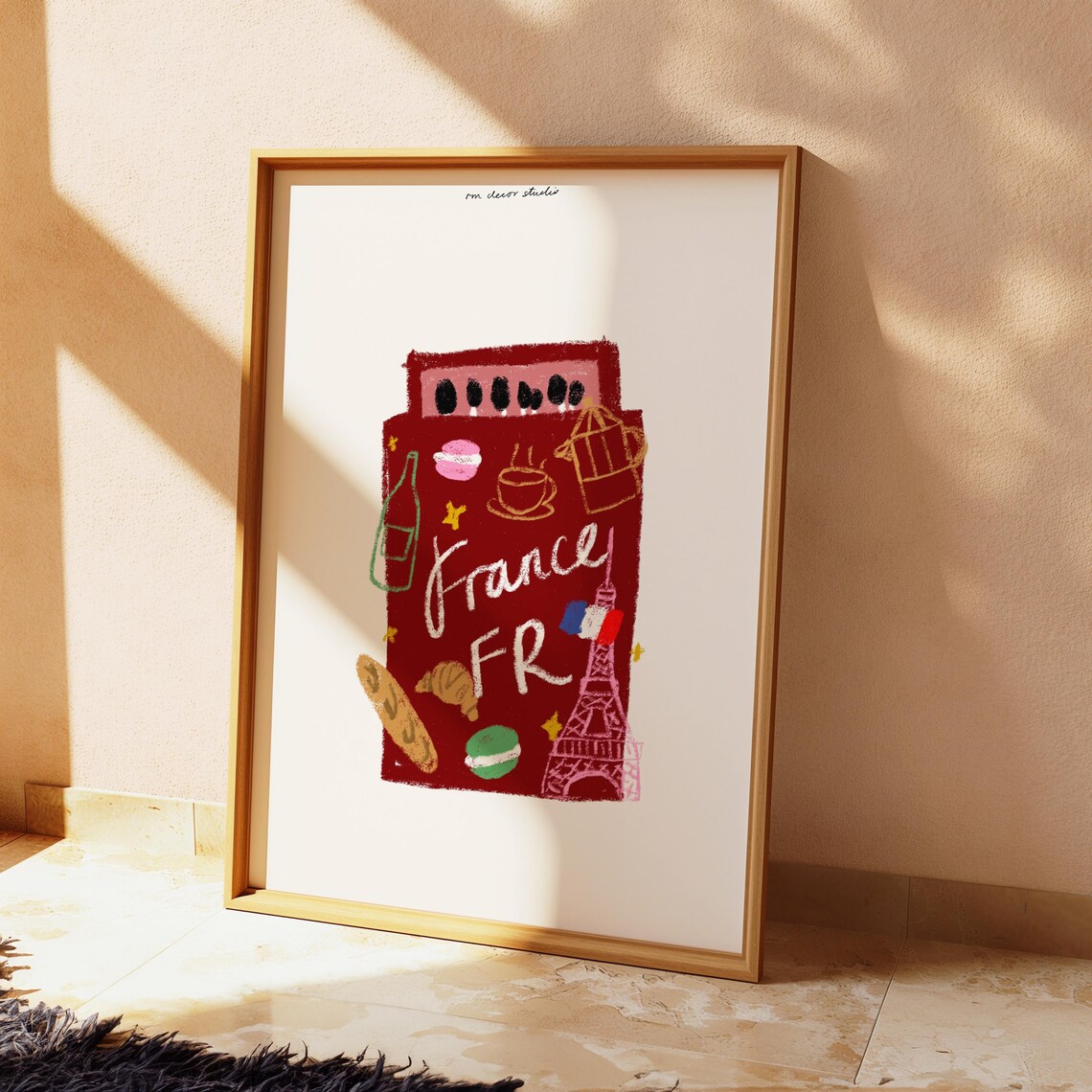 France Doodle Matchbox Poster, Vintage Mid-Century Style