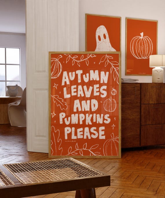 Autumn Leaves And Pumpkins Please Print Poster Halloween Horror Vintage Trendy Retro Mid Century Modern Kitchen Wall Art