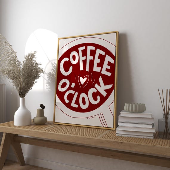 Coffee Oclock In Cup Art Print Poster Station Wall Trendy Retro Mid Century Modern Kitchen Hand Drawn