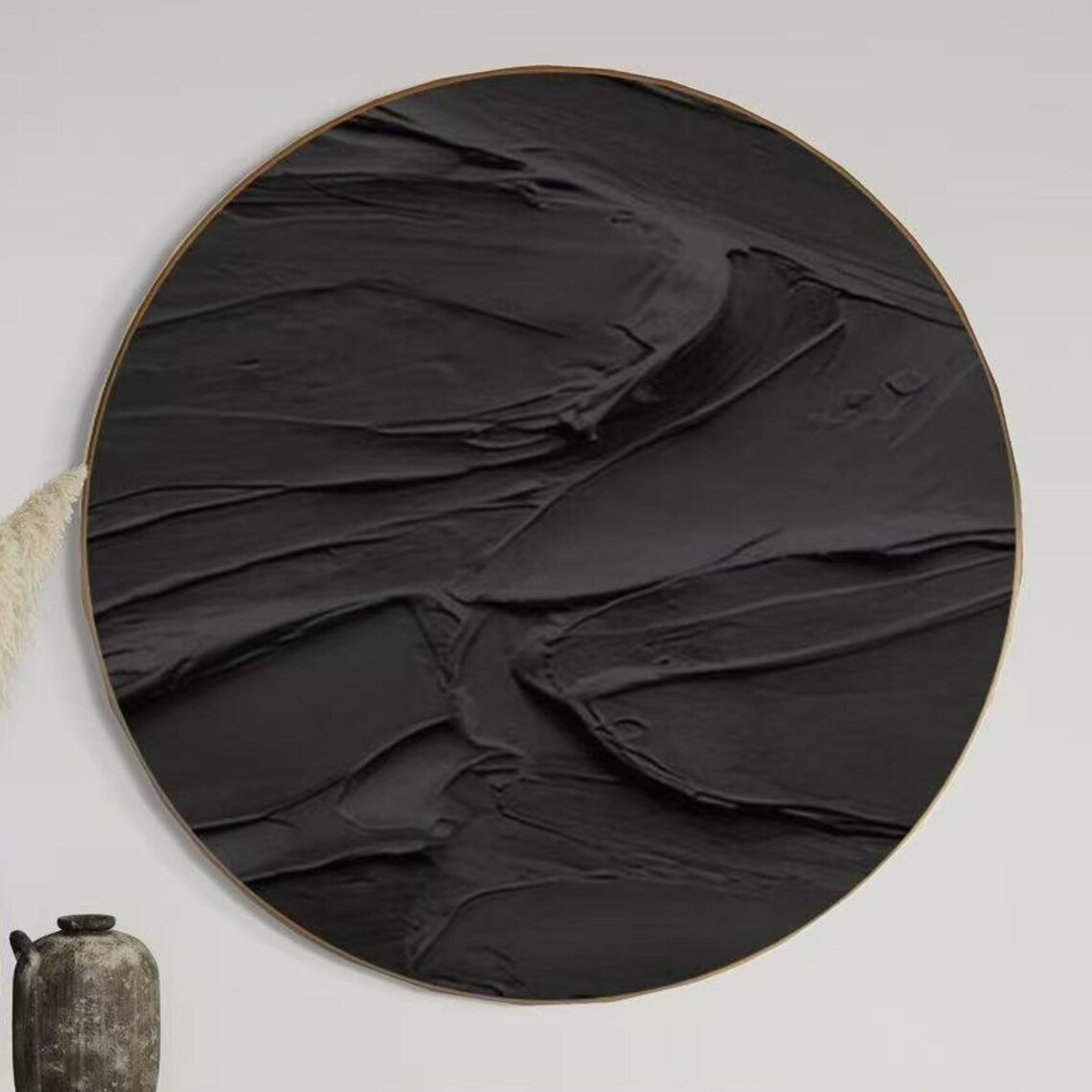 Modern Circle Abstract, Pure Black Texture Art Print