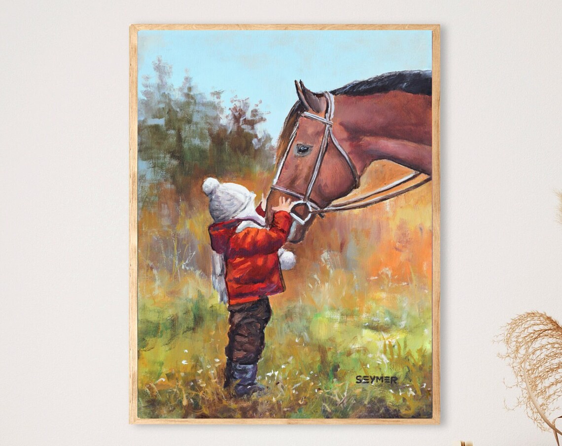 Child And Horse Farmhouse Oil Painting Kid Touching Horse Poster - Image 6