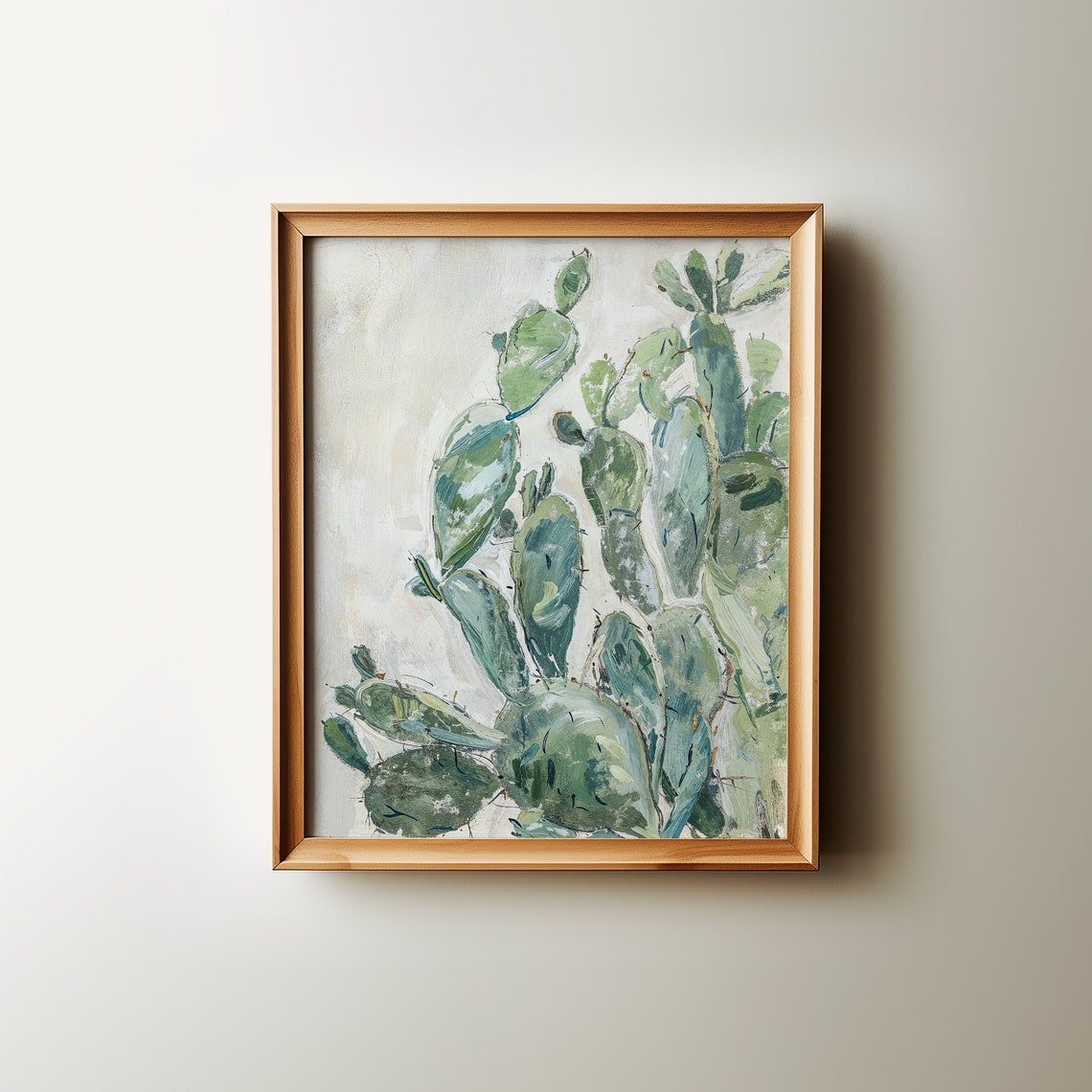 Prickly Pear Cactus Oil Painting Desert Botanical Green Wall Art