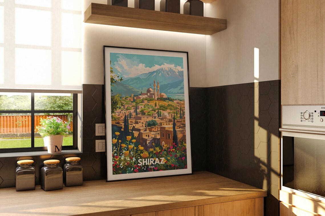 Shiraz Iran Mosque Domes Mountain Flowers Vintage Travel Poster - Image 2