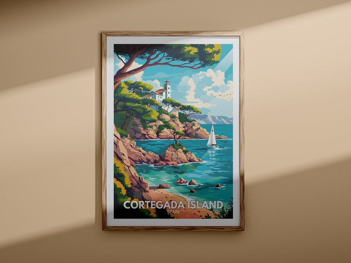 Cortegada Island Spain Lighthouse Cove Sailboat Retro Travel Poster - Image 3