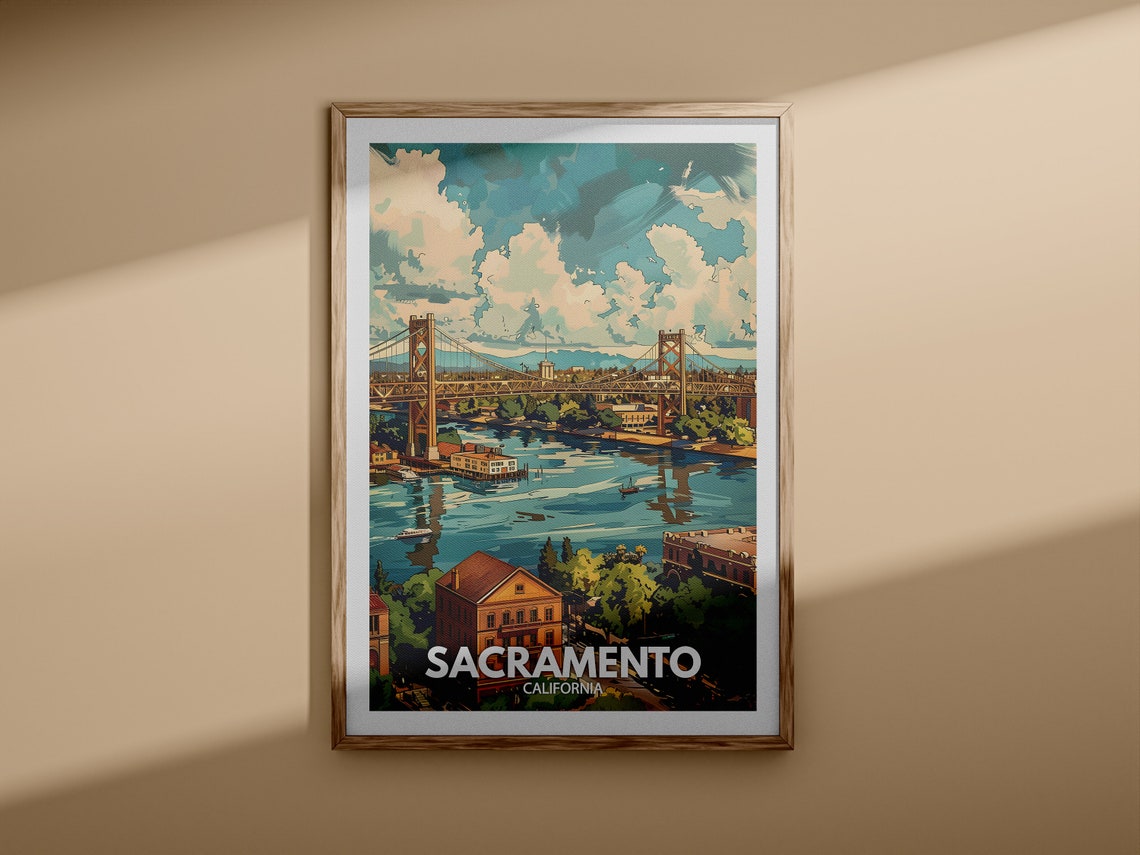 Sacramento California River Bridge Skyline Vintage Travel Poster - Image 3