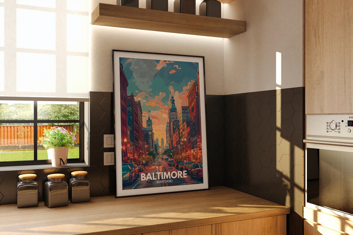 Baltimore Maryland Sunset Downtown Street City Travel Poster - Image 2