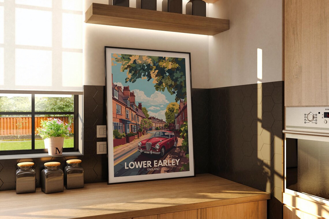 Lower Earley England Brick Terrace Street Red Car Vintage Travel Poster - Image 2