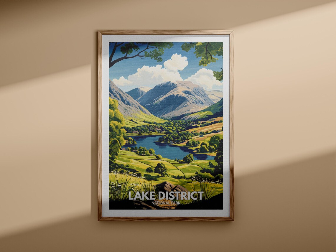 Lake District National Park Green Lake Valley Mountains Travel Poster - Image 3