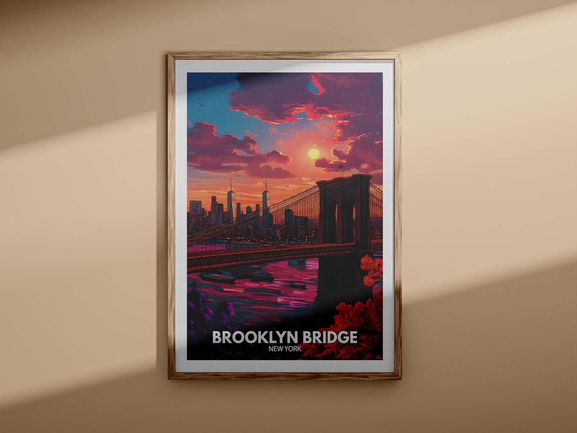 Brooklyn Bridge New York City Sunset Skyline Travel Art Poster - Image 3