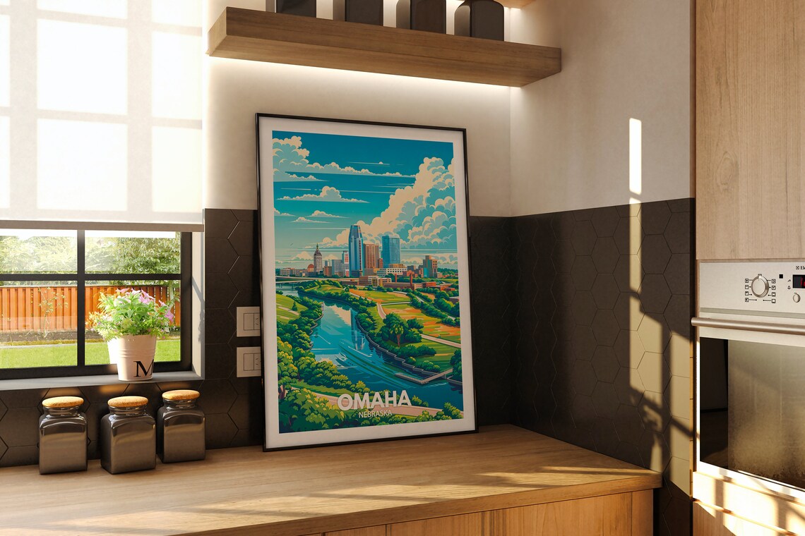 Omaha Nebraska River Skyline Sunset City Vintage Travel Poster - Image 2