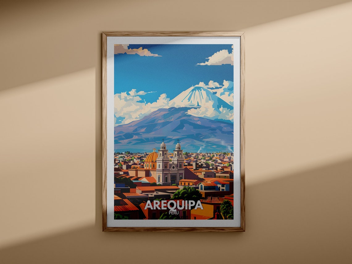 Arequipa Peru Cathedral Snowy Volcano Mountain Travel Poster Art - Image 3