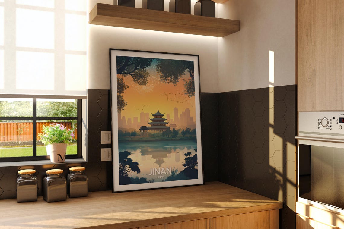Jinan China Pagoda Lake Reflection Sunset Retro Travel Poster - Image 2