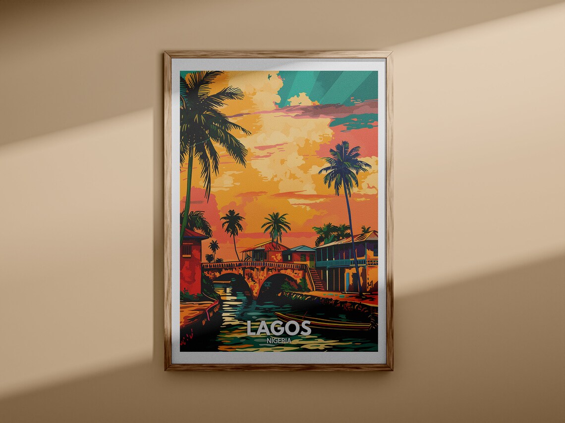 Lagos Nigeria Sunset Waterfront Bridge Palms Vintage Travel Poster - Image 3