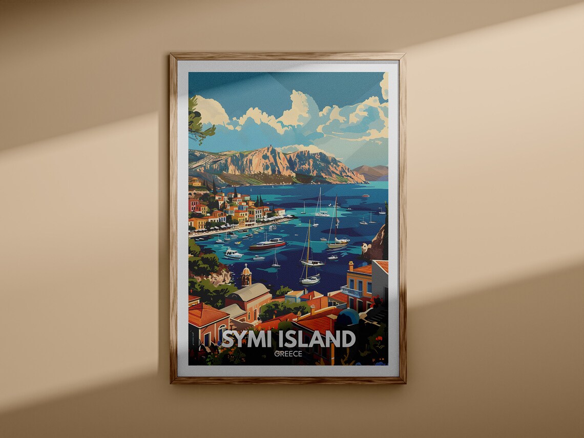 Symi Island Greece Travel Poster Harbor Sailboats Colorful Town Mountain - Image 3