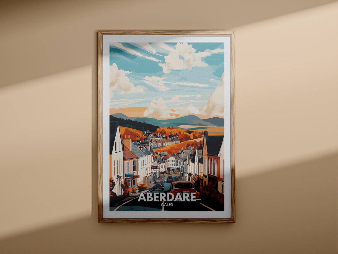 Aberdare Wales Vintage Cars Valley Town Street Retro Travel Poster - Image 3