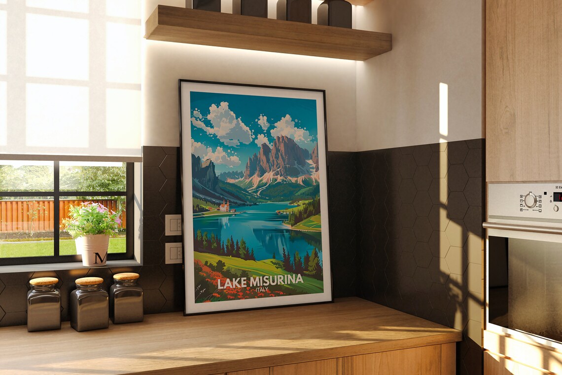 Lake Misurina Italy Alpine Peak Church Shoreline Vintage Travel Poster - Image 2