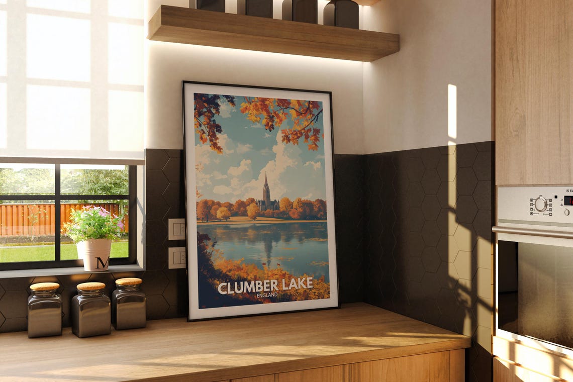 Clumber Lake England Autumn Lake Church Reflection Fall Travel Poster - Image 2