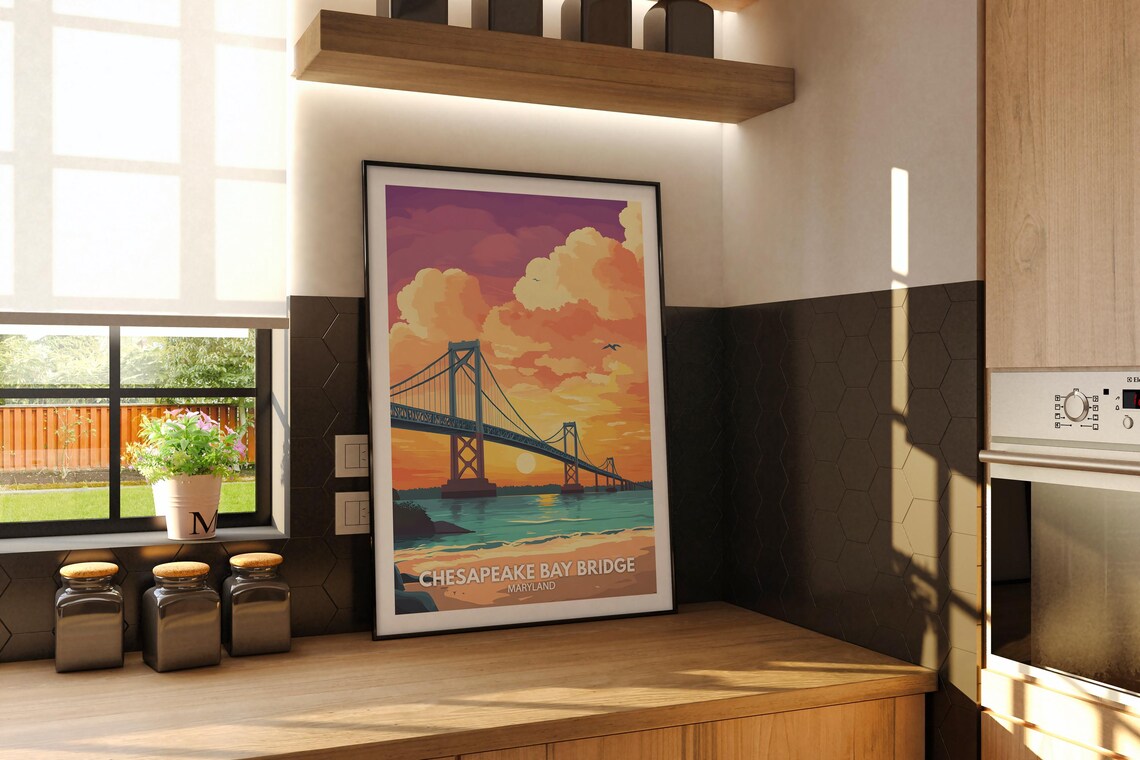 Chesapeake Bay Bridge Maryland Golden Sunset Travel Art Poster - Image 2