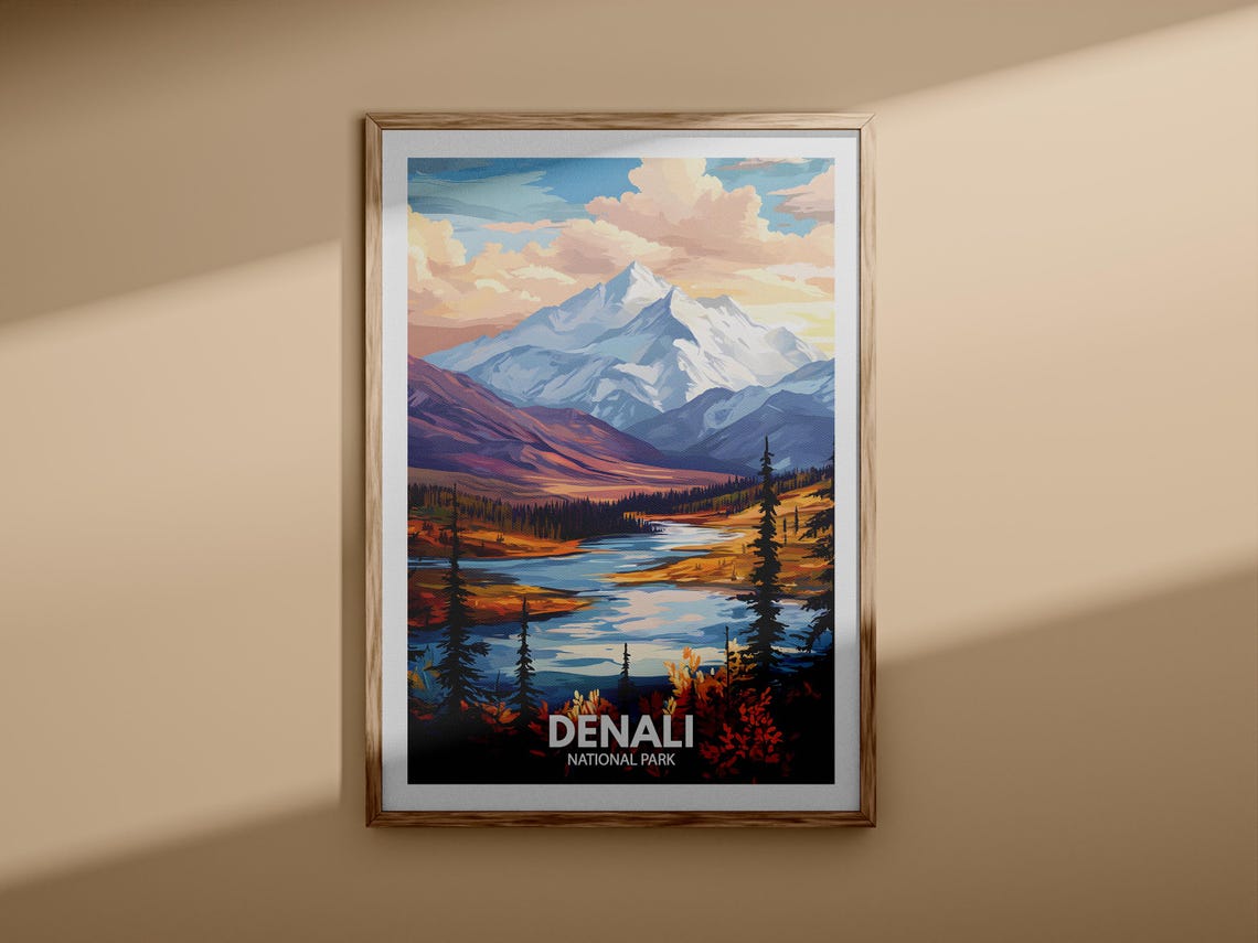 Denali National Park Alaska Snow Peak River Valley Illustration Poster - Image 3