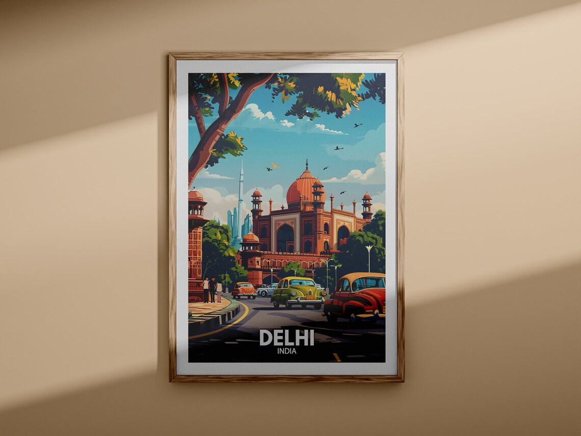 Delhi India Mughal Architecture Classic Cars Vintage Travel Poster - Image 3