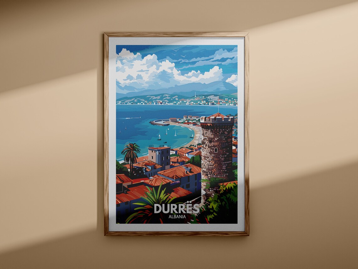 Durres Albania Stone Tower Harbor Sailboats Coastal Travel Poster - Image 3