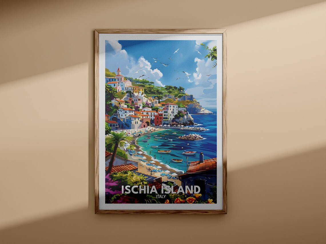 Ischia Island Italy Illustrated Coast Travel Poster Village Bay Scene - Image 3
