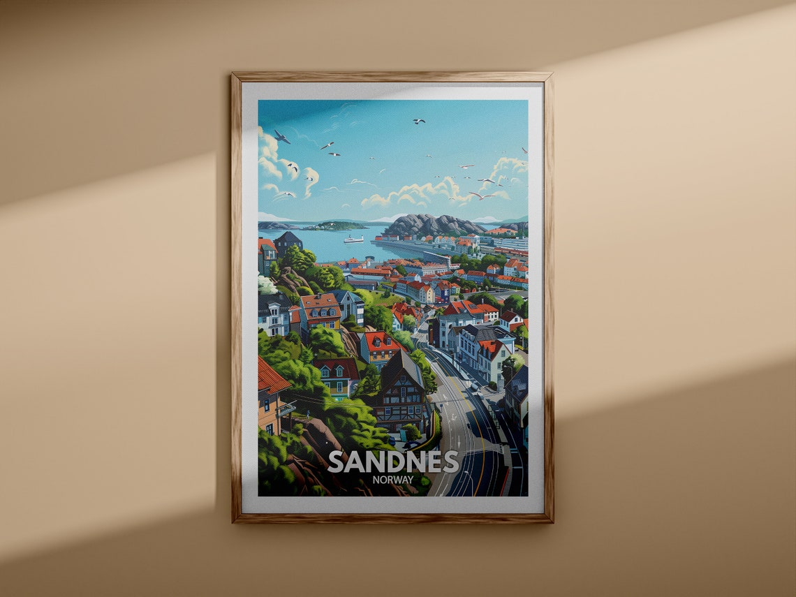 Sandnes Norway Travel Poster Coastal Town Harbor Seagulls Blue Sky Art - Image 3