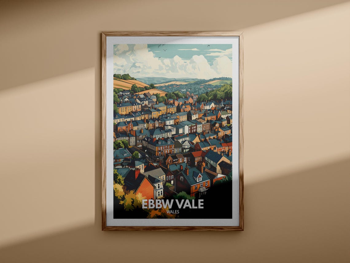 Ebbw Vale Wales Hillside Town Roofs Scenic Vintage Style Travel Poster - Image 3
