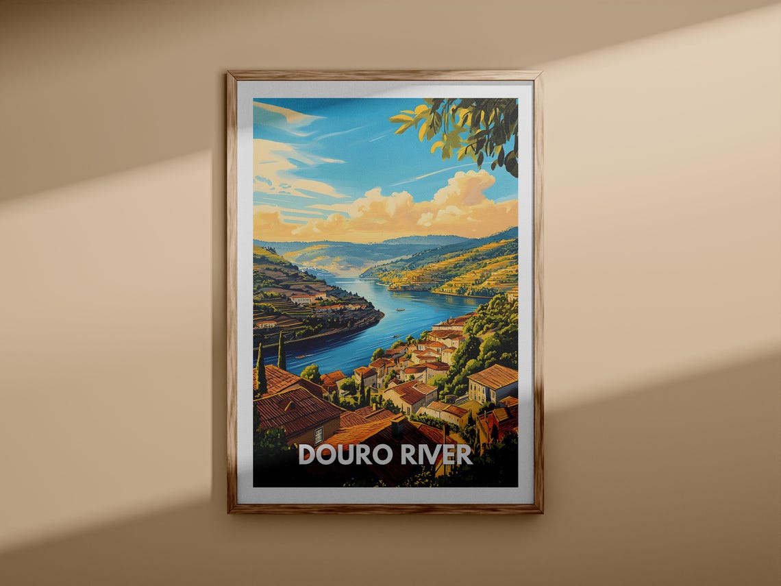Douro River Terraced Vineyard Hillside Village Retro Travel Poster - Image 3