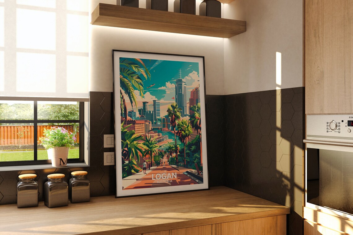 Logan Australia Palm Trees and City Skyline Vintage Travel Poster - Image 2