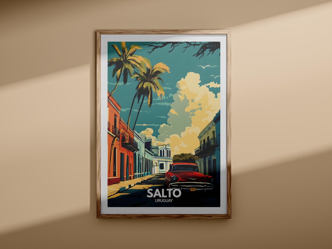 Salto Uruguay Vintage Street Palm Trees Classic Car Travel Poster - Image 3