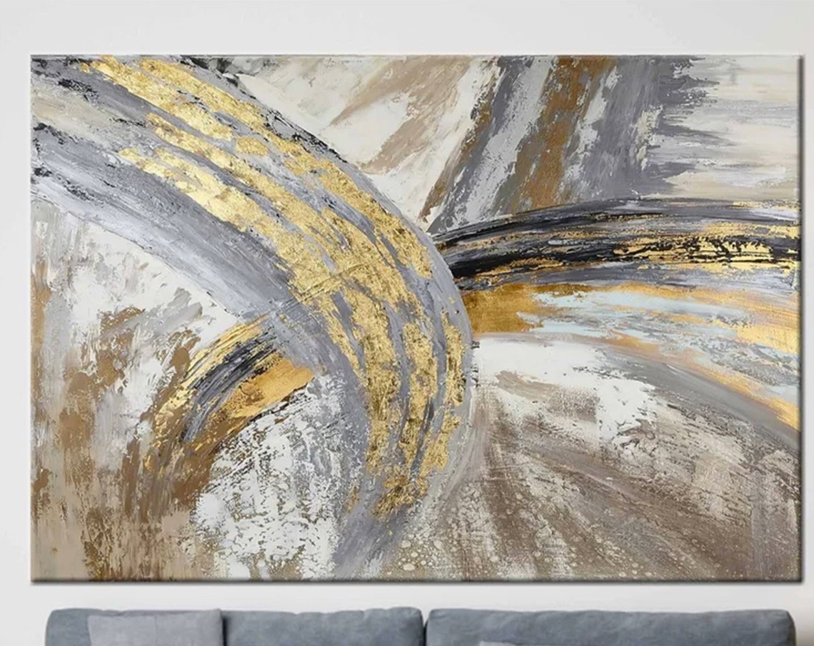 Gold Gray Abstract Brushstroke Swirls Minimalist Modern Art Poster