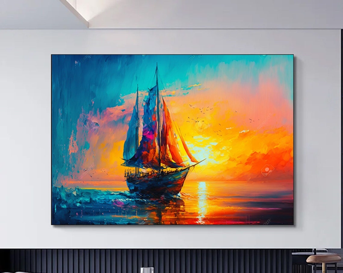 Sunset Sailing Ship Orange Sails Ocean Waves Nautical Art Poster