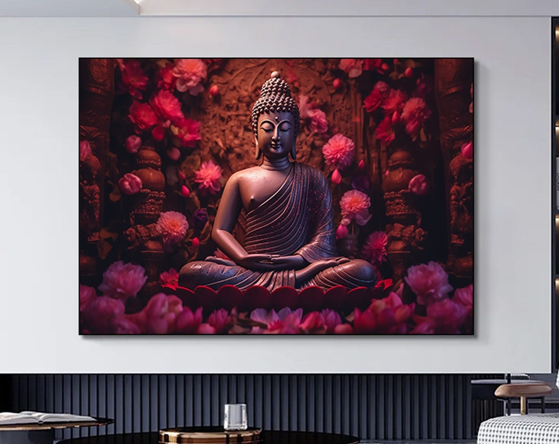 Meditating Buddha Statue Pink Flower Garden Zen Decor Poster